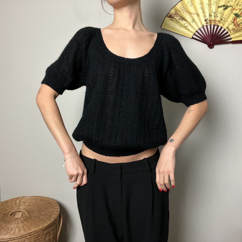 y2k black minimalist mohair wool cable knit puff sleeve scoop neck sweater top